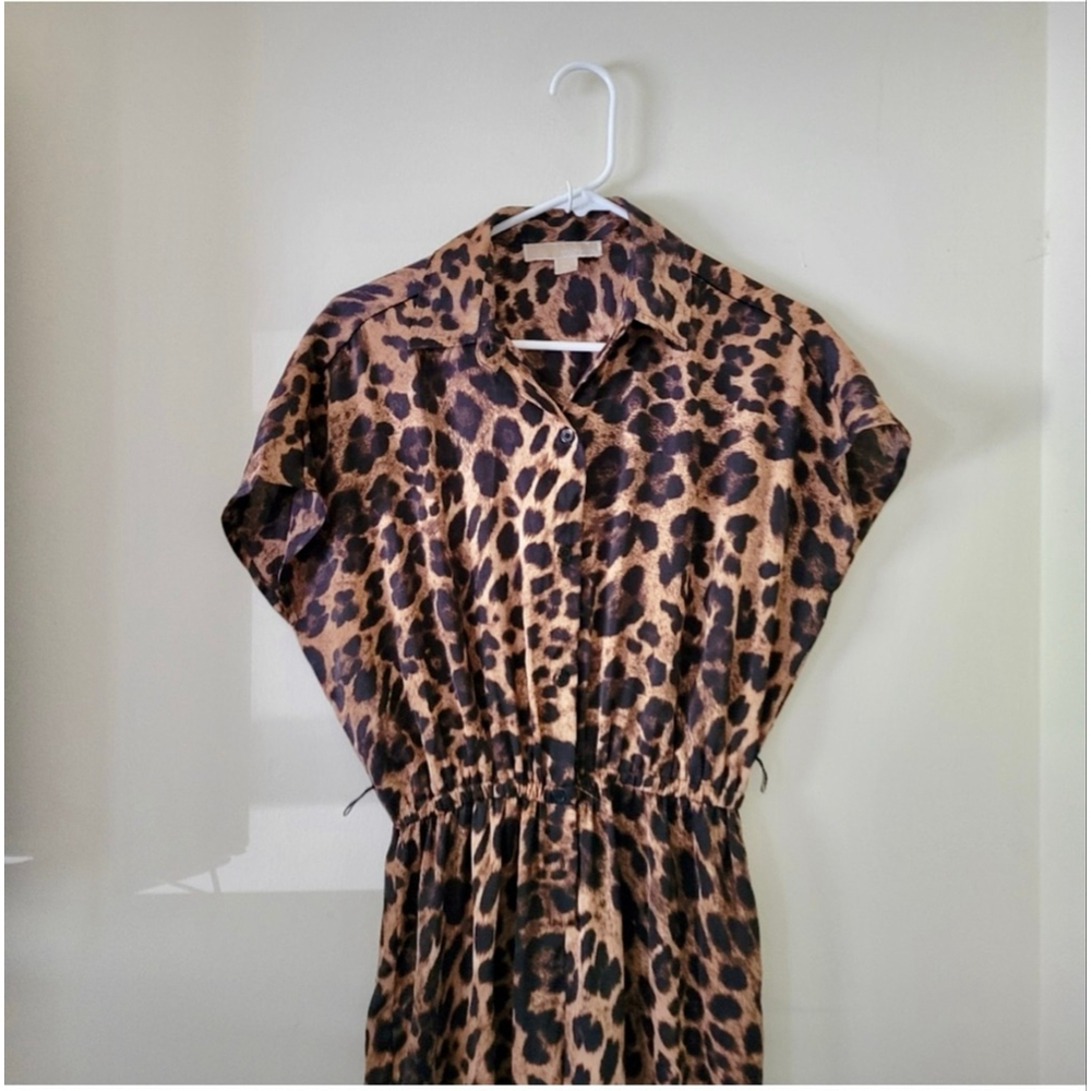 Michael Kors Leopard Print Wide Leg Jumpsuit XS Collared Button Front - Picture 4 of 13